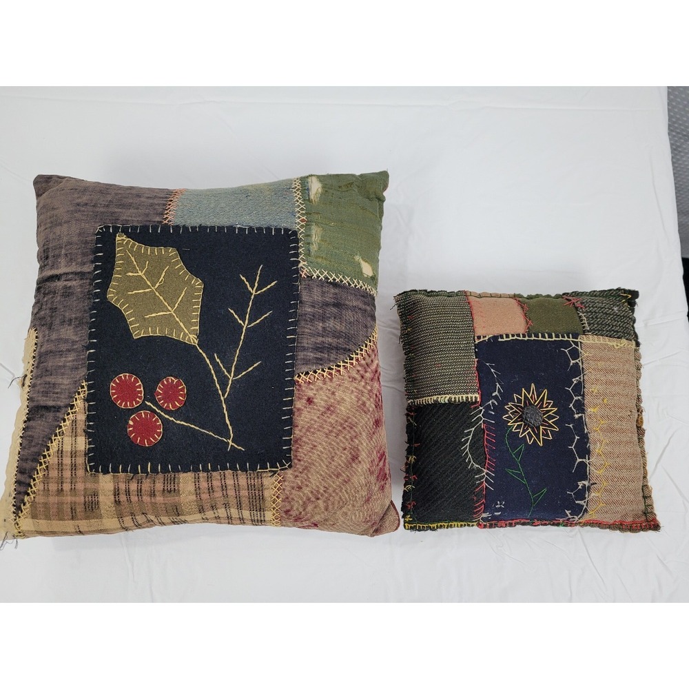 Primitive Grungy Folk Art Handmade Pillows Lot of 2 READ